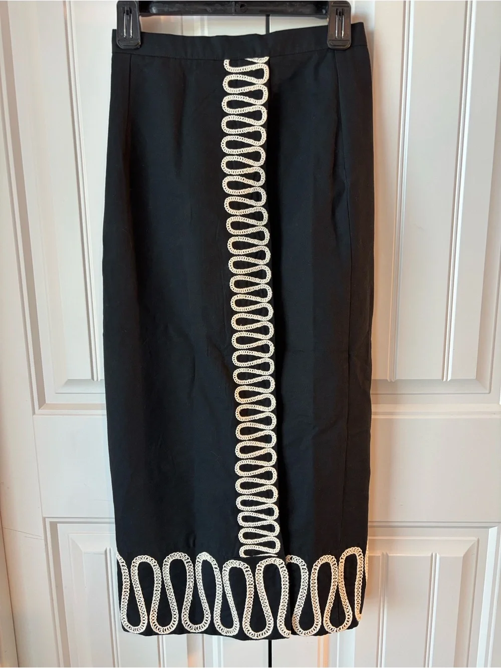 Antonio Melani Classic Black Pencil Skirt with Embroidered Ivory Trim